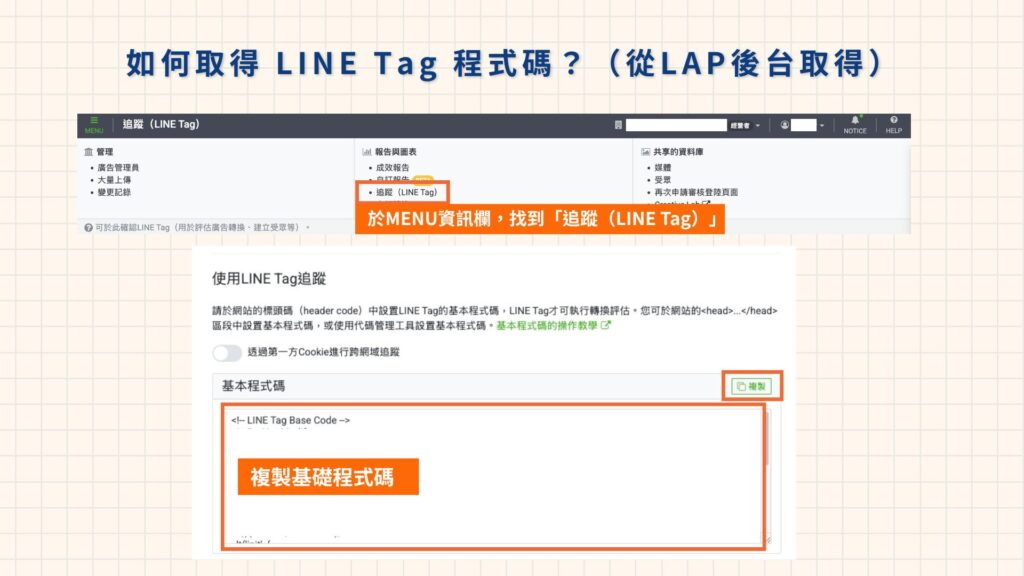 示意從LAP廣告後台取得LINE Tag追蹤碼